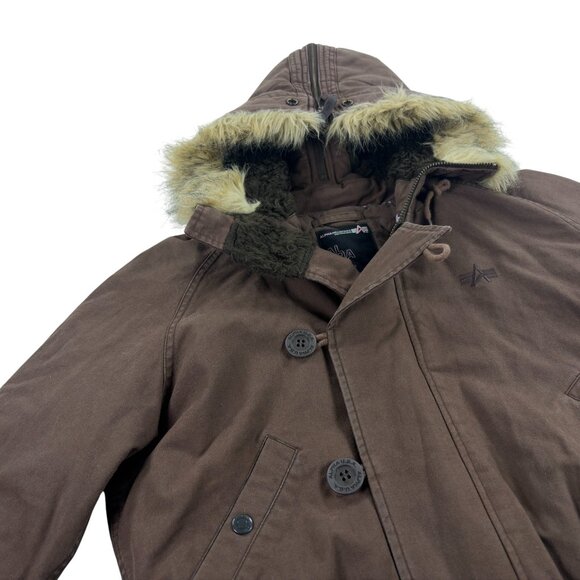 Vtg NOS Alpha Industries Canvas Bomber Hooded Flight Jacket Womens Size L Brown - Picture 2 of 9